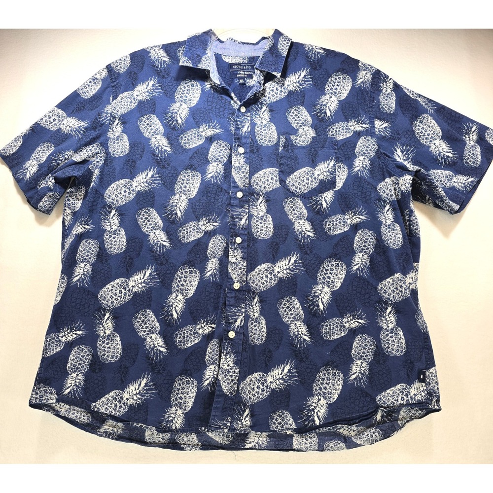 Crown & Ivy Mens XXL Blue Pineapple Print Short Sleeve Button Down Shirt Classic